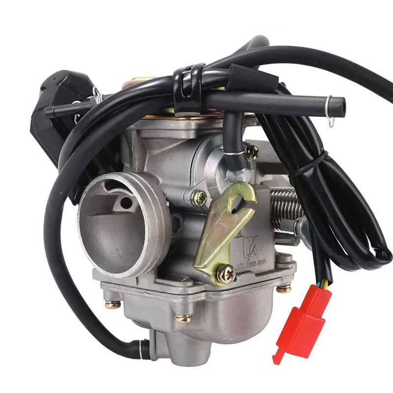 A new carburetor for SYM Crox 125cc and 150cc scooters, with black vacuum lines and a silver metallic body.
