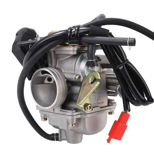 A new carburetor for SYM Crox 125cc and 150cc scooters, with black vacuum lines and a silver metallic body.